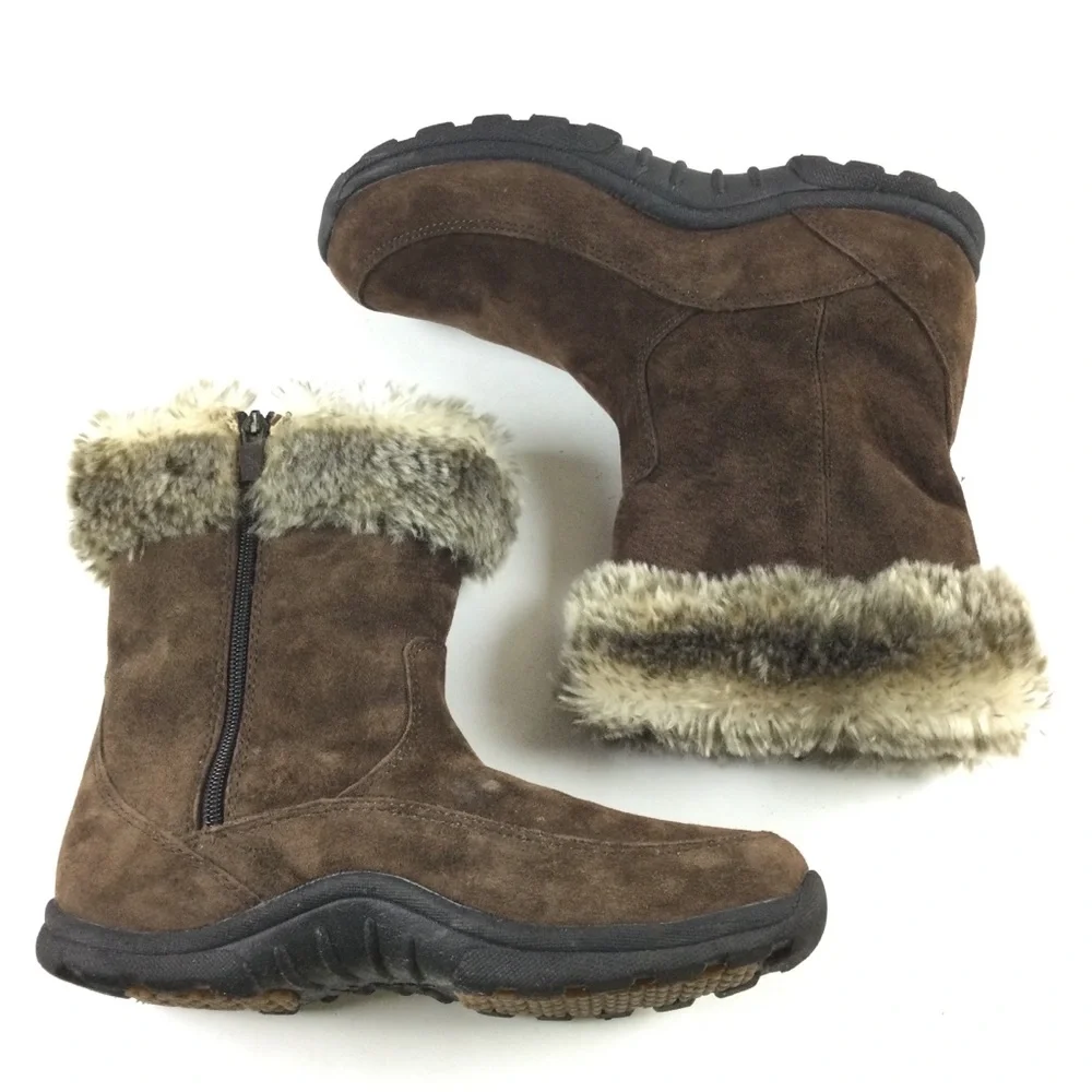 L.L. BEAN Boots Women’s Brown Suede Faux Fur Trim Mid Calf Side Zip Sz 8